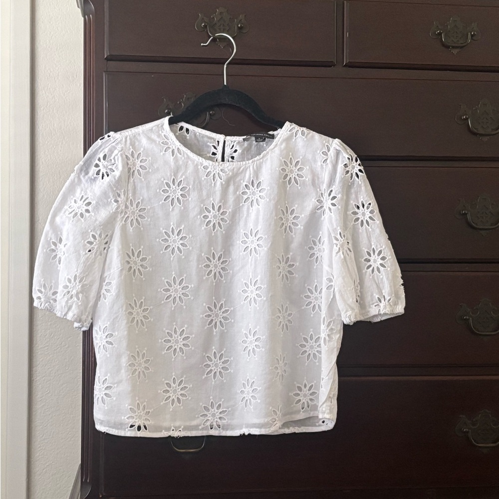 Adrianna Papell White Puff Sleeve Embellished Blouse